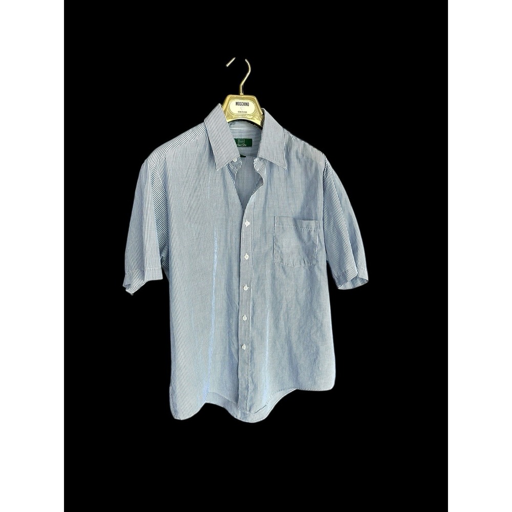 Vintage 70s Sears Men's Button Up Shirt‎ Sz 16.5 Short Sleeve Striped Blue
